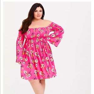 TORRID PINK FLORAL CHALLIS SMOCKED SKATER DRESS